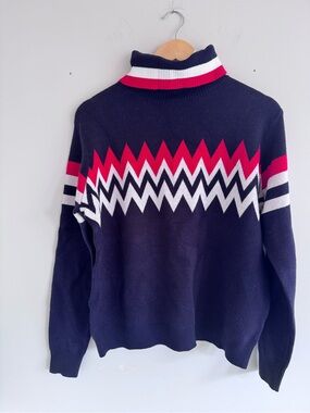 Women's Navy Cowl/Turtleneck Sweater with Pink & White Zigzag Detail